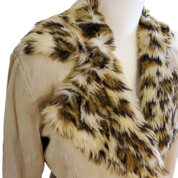 90s Y2K Suede Leather Jacket Faux Fur Leopard Collar Beige Penny Lane Sz Small‎ - Picture 3 of 11